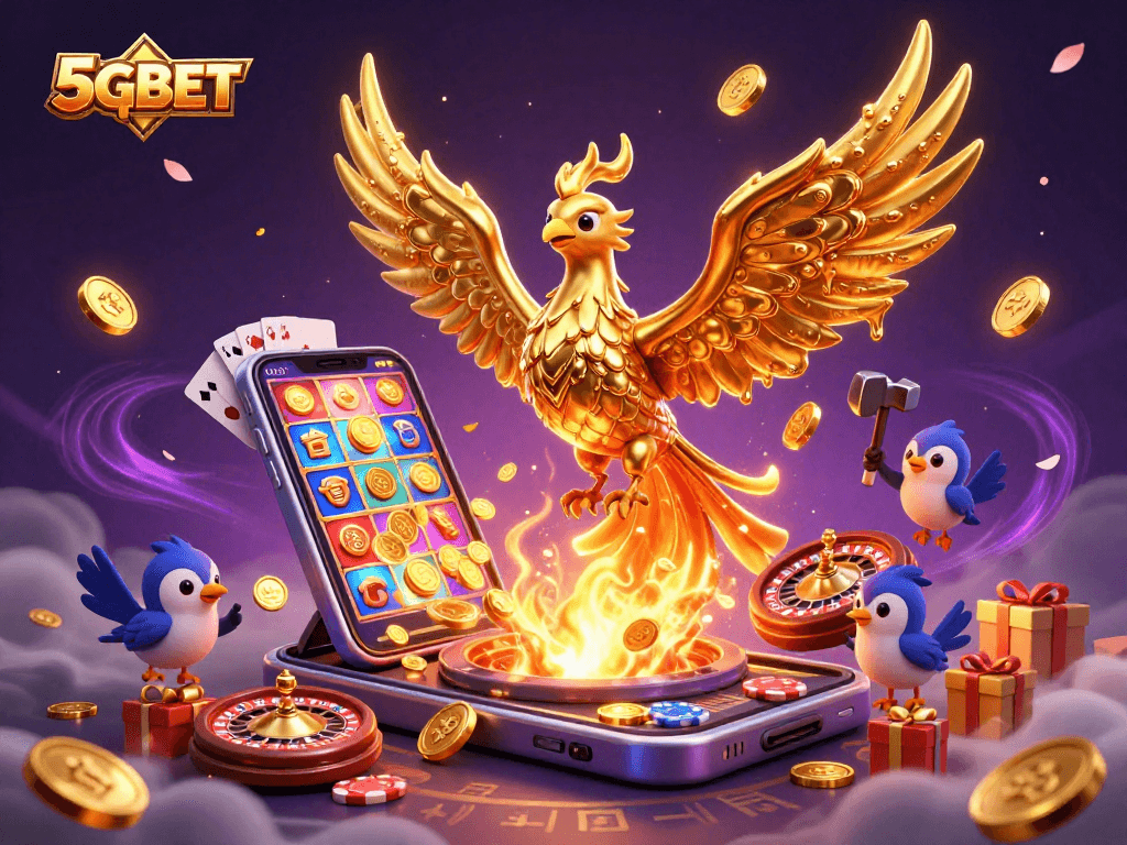 Experience thrilling wins with 5GBET as golden coins flow from the phoenix in this captivating casino illustration.