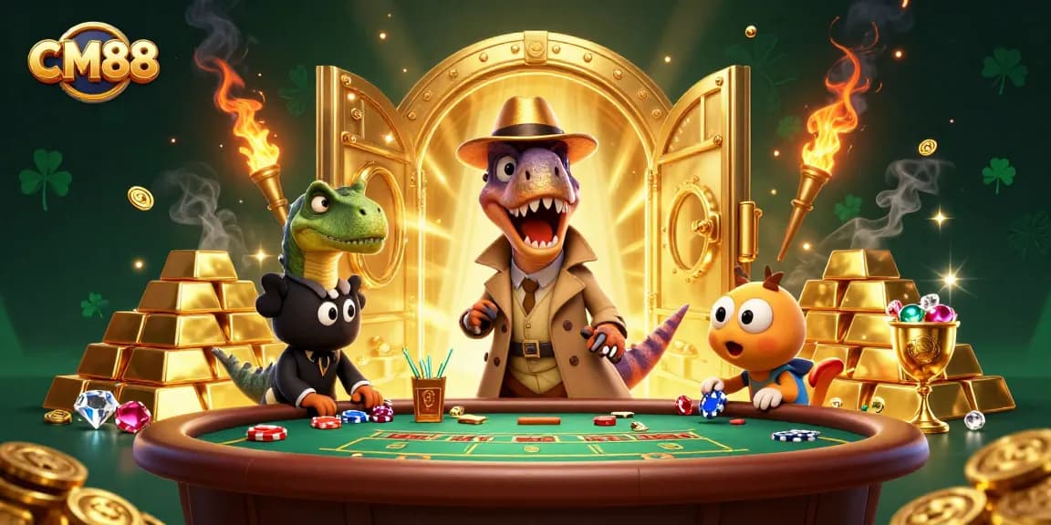 Experience thrilling gameplay with CM88 as cartoon dinosaurs engage in a high-stakes blackjack game.
