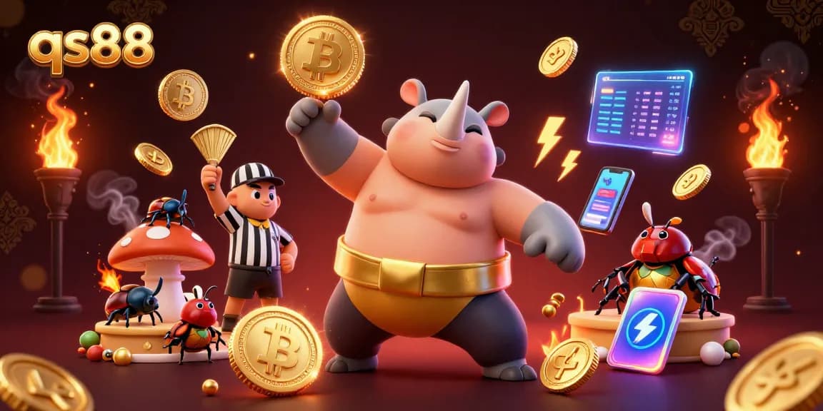 Experience the excitement of qs88 with a rhinoceros beetle sumo champion amidst flying coins and crypto elements.