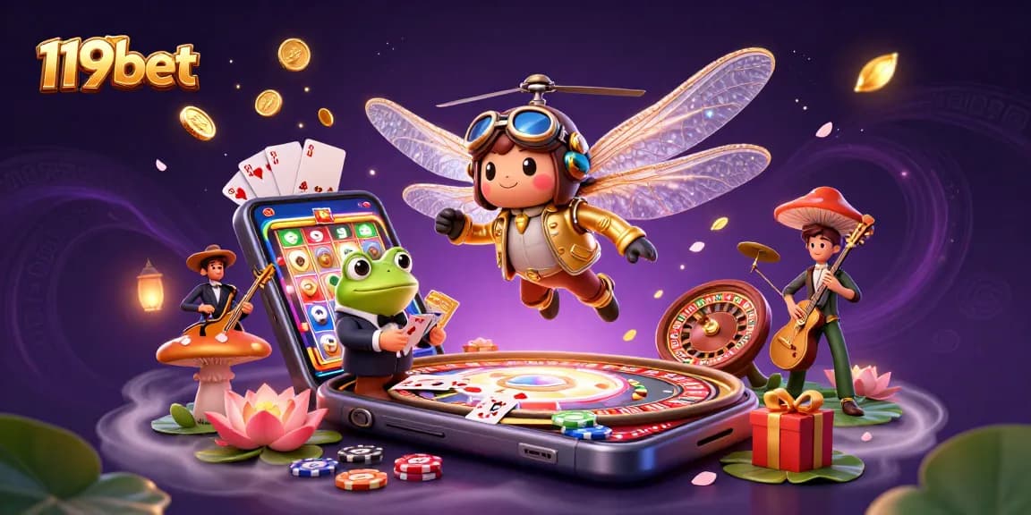 Watch an immersive scene with 119bet featuring a dragonfly pilot, frog dealer, and jazz musicians.