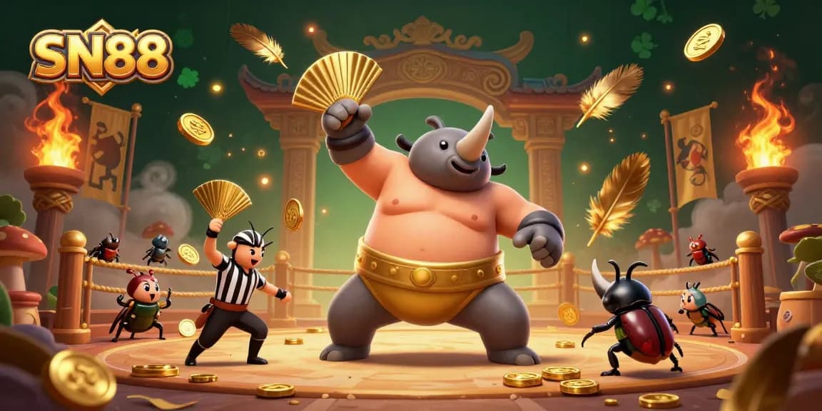 SN88 tournament features a rhinoceros beetle champion stomping coins in a dynamic casino scene