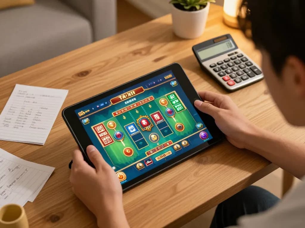 Select the winning option in tài xỉu online with a stylish home gaming setup featuring strategy notes and a clear tablet screen.