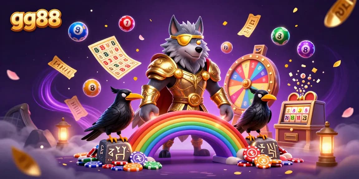 Experience dynamic lottery gameplay with gg88 featuring Odin and ravens amidst lively casino elements.