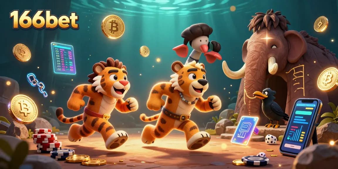 Engage with 166bet's vibrant casino scene featuring a caveman duo and crow amidst neon crypto elements.