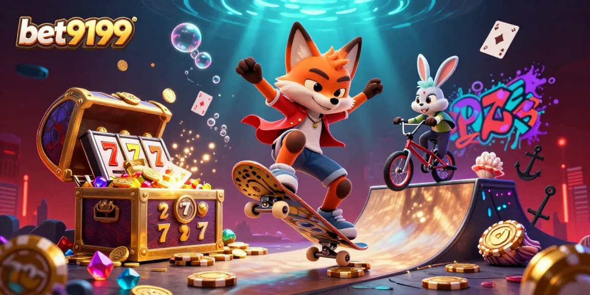 Experience the excitement of bet9199 with a vibrant illustration of gaming characters performing tricks and celebrating wins.