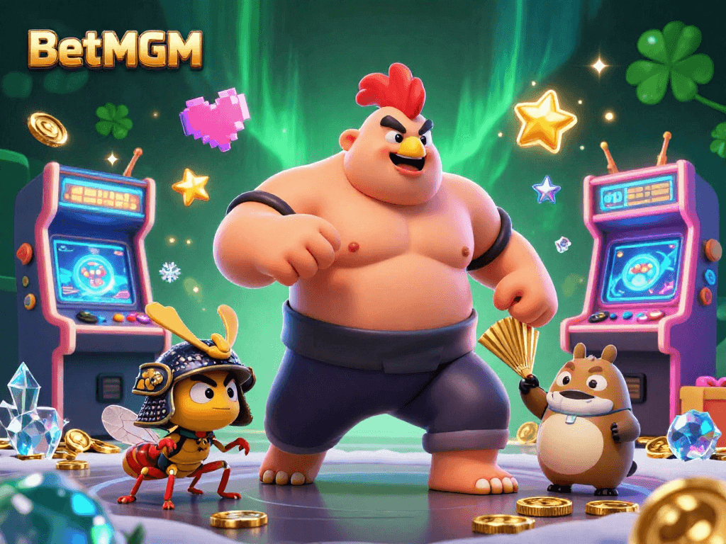 Engage in exciting gameplay with BetMGM's dynamic 3D illustration featuring vibrant characters and casino elements.