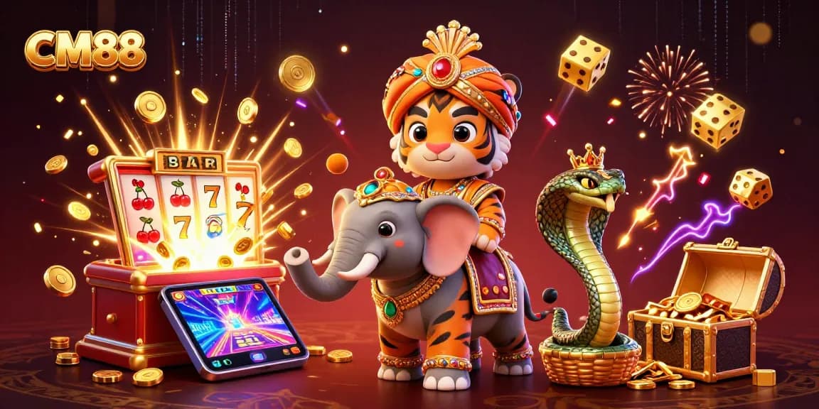 Win exciting rewards at CM88 with a vibrant 3D casino-themed scene showcasing dynamic gaming elements.