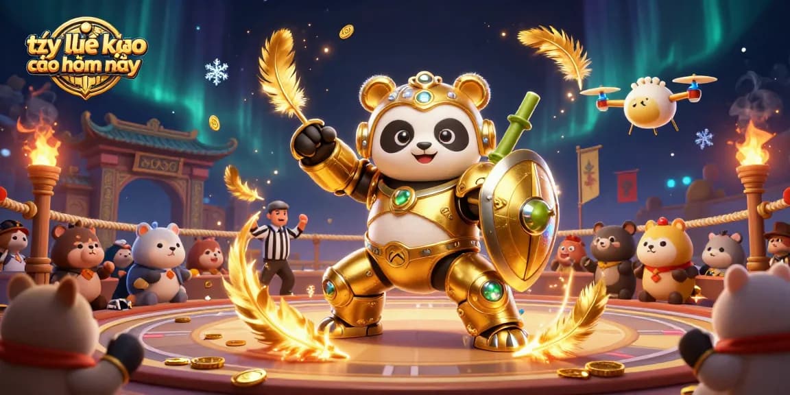 Engaging sports betting scene illustrating tỷ lệ kèo nhà cái hôm nay with a colorful panda mech battling in a dynamic arena.