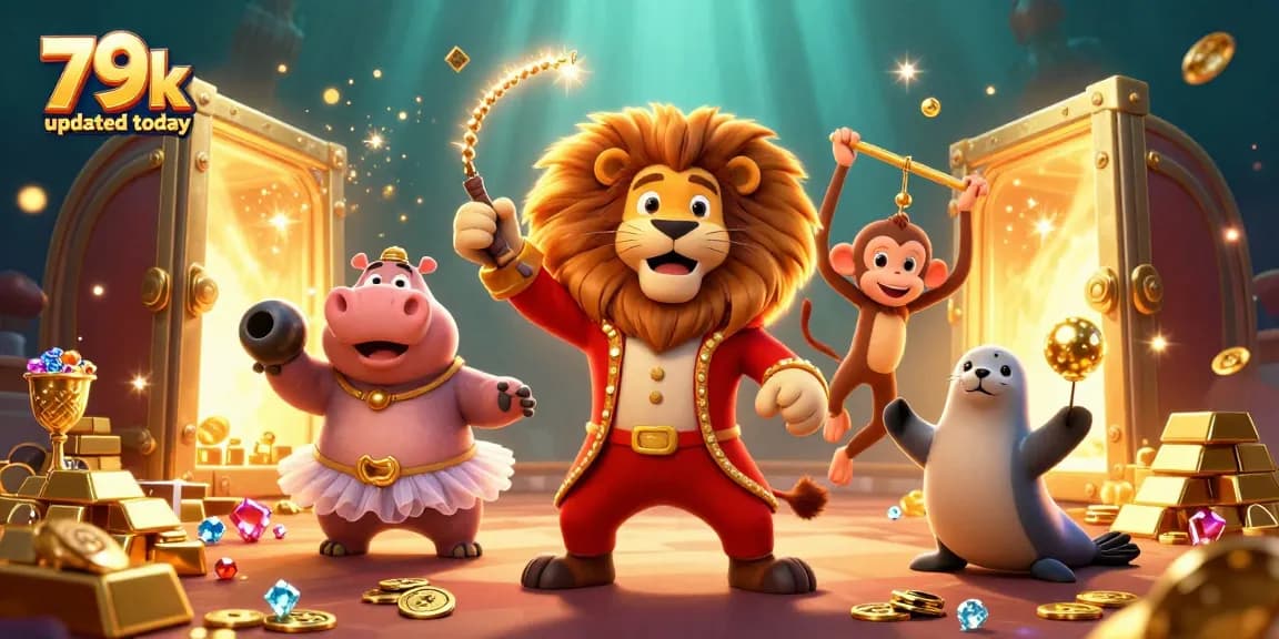 Engage with thrilling 79k updated today casino animation, featuring dynamic circus characters and treasure elements.