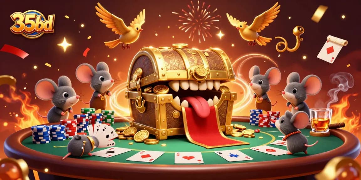 Engage with 35bd's thrilling casino scene featuring a treasure chest and poker game elements.