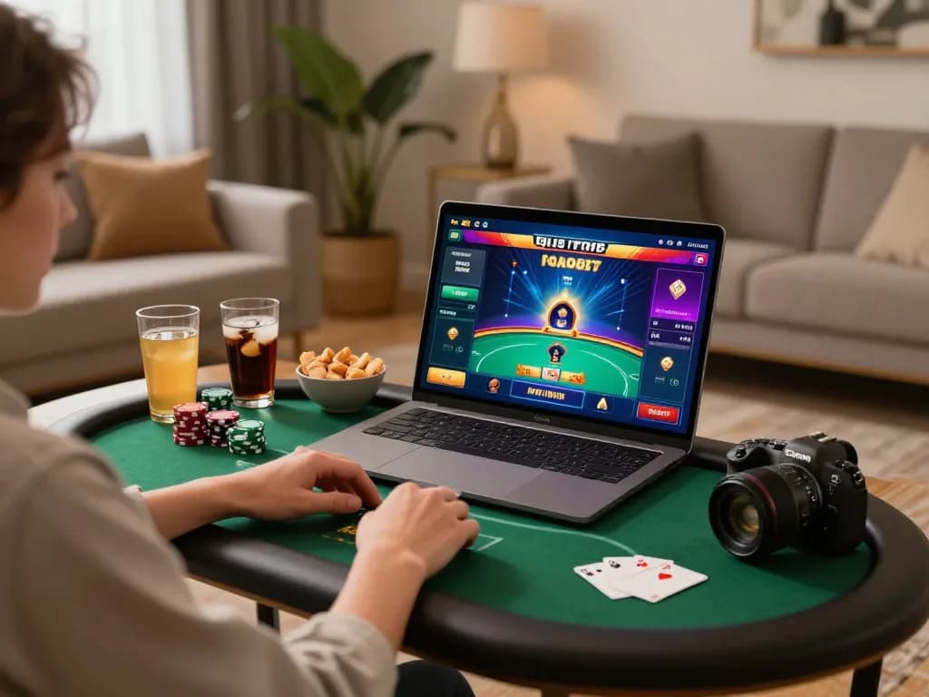 Player engaging in online gaming at TG88, showcasing a vibrant poker interface in a cozy living room.