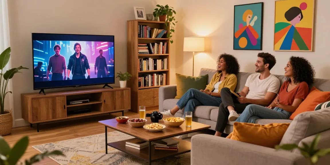 Encontro com amigos assistindo os melhores canais de entretenimento com o bestbraziliptv em uma sala aconchegante.