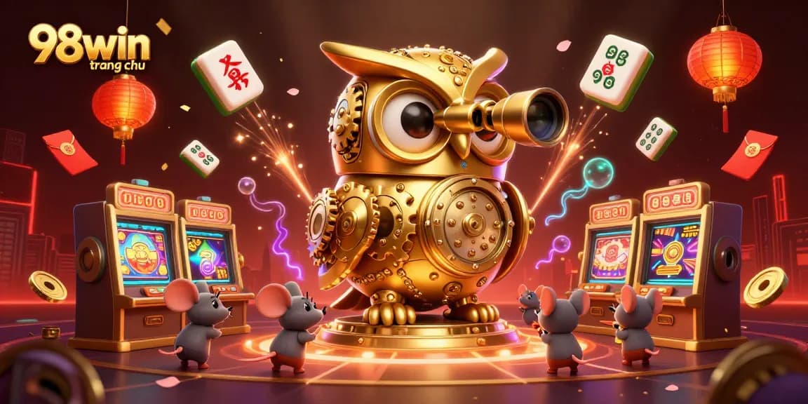 Experience the excitement at 98win trang chu with a captivating illustration of a casino scene featuring a golden owl.