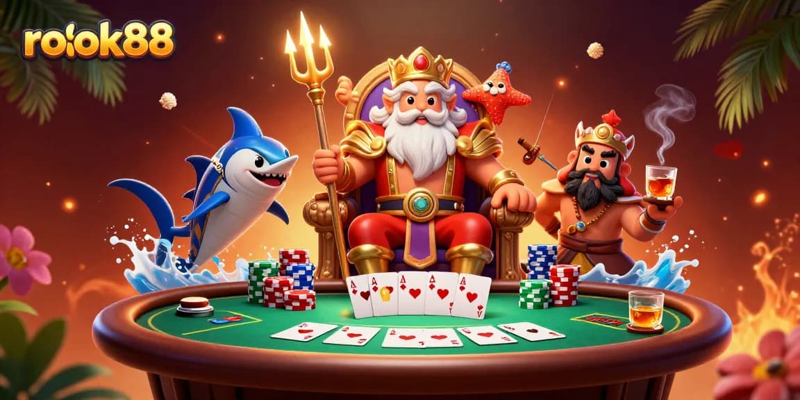 Experience the excitement of gaming with rokok88's vibrant casino scene featuring Neptune and samurai elements.