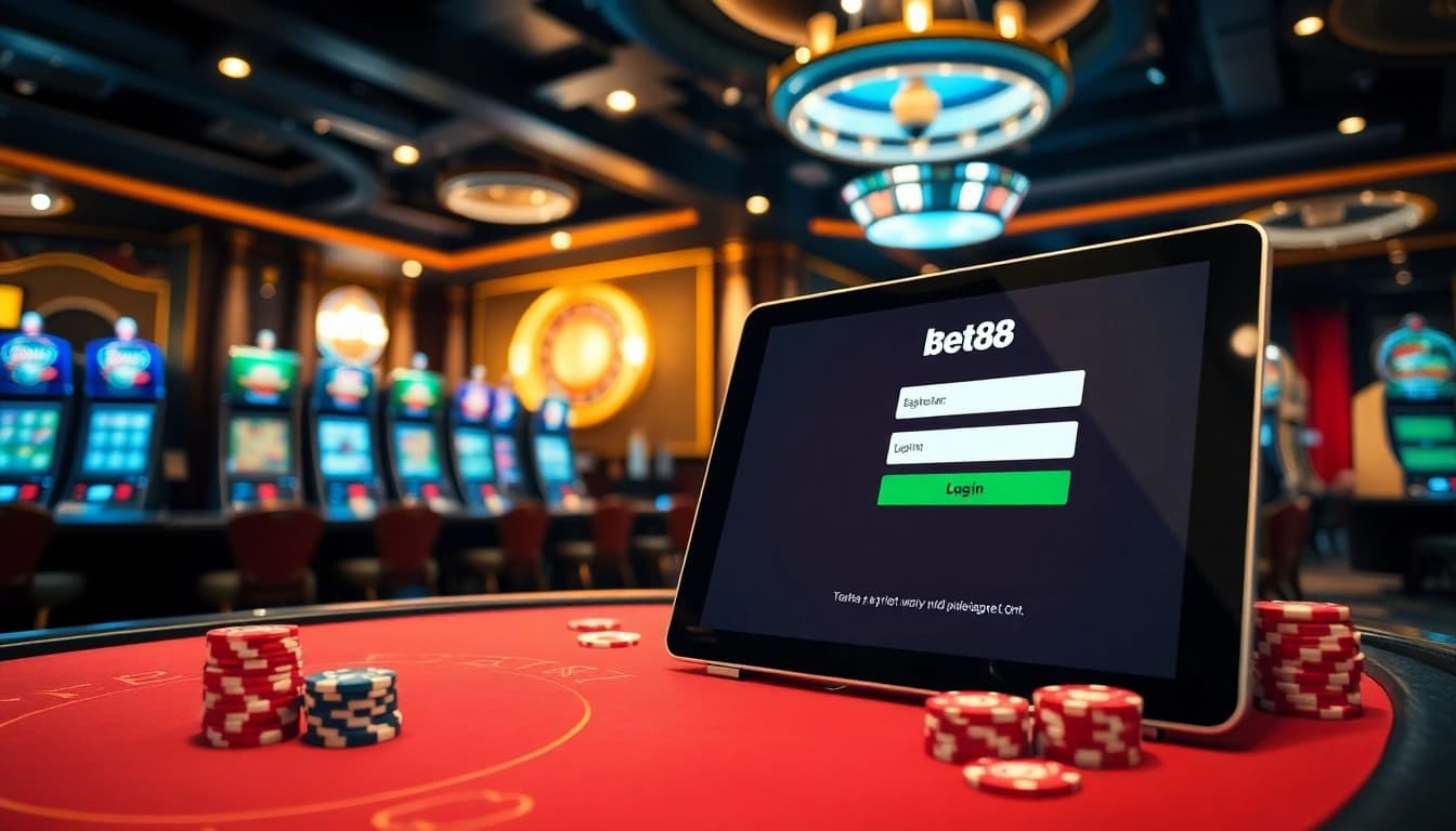 Engage with Bet88 đăng nhập on a luxurious casino tablet surrounded by dynamic gambling elements.