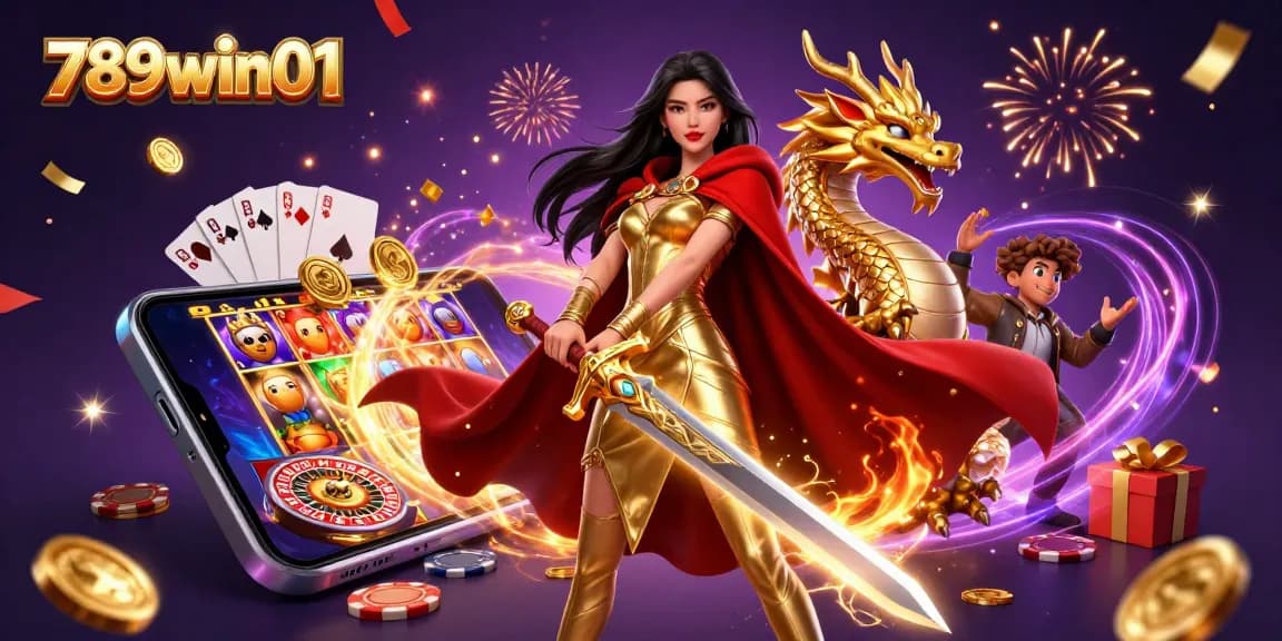 Bet big with 789win01 in a vibrant casino scene full of slot games, golden coins, and fireworks.