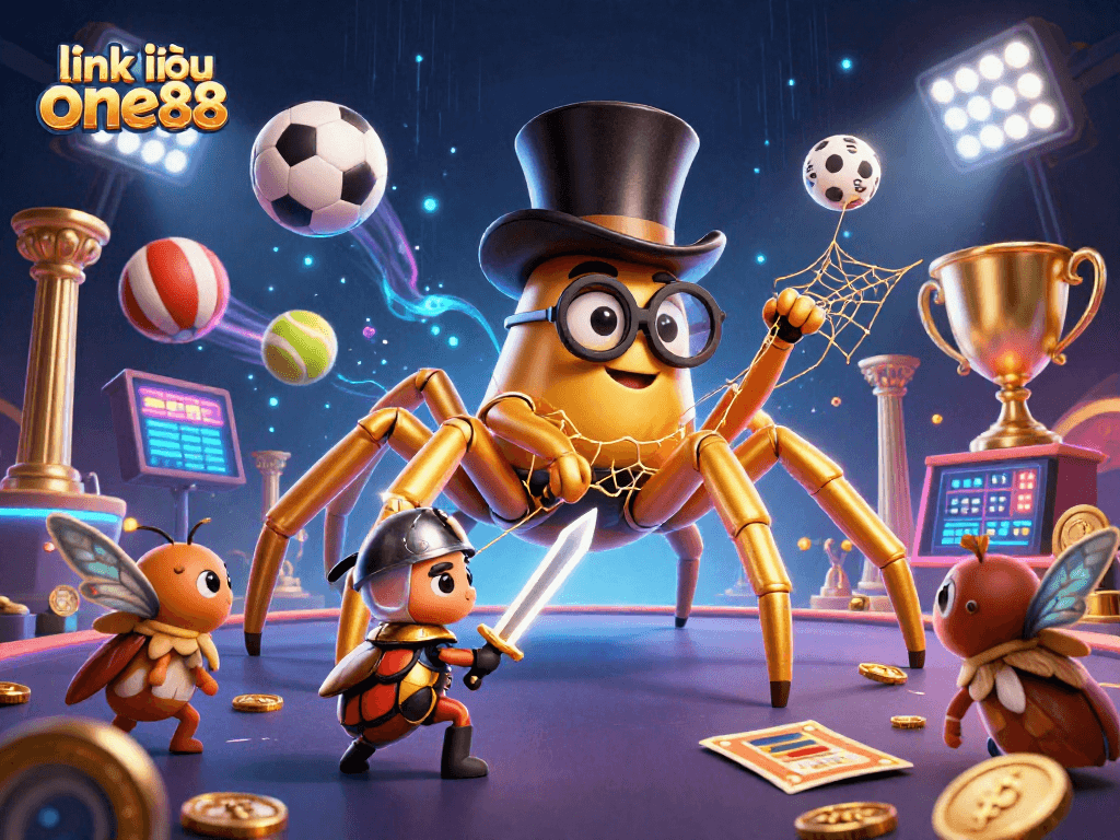 Experience thrilling gameplay with link vào one88, a dynamic 3D scene featuring a golden tarantula and beetle knights in a casino.