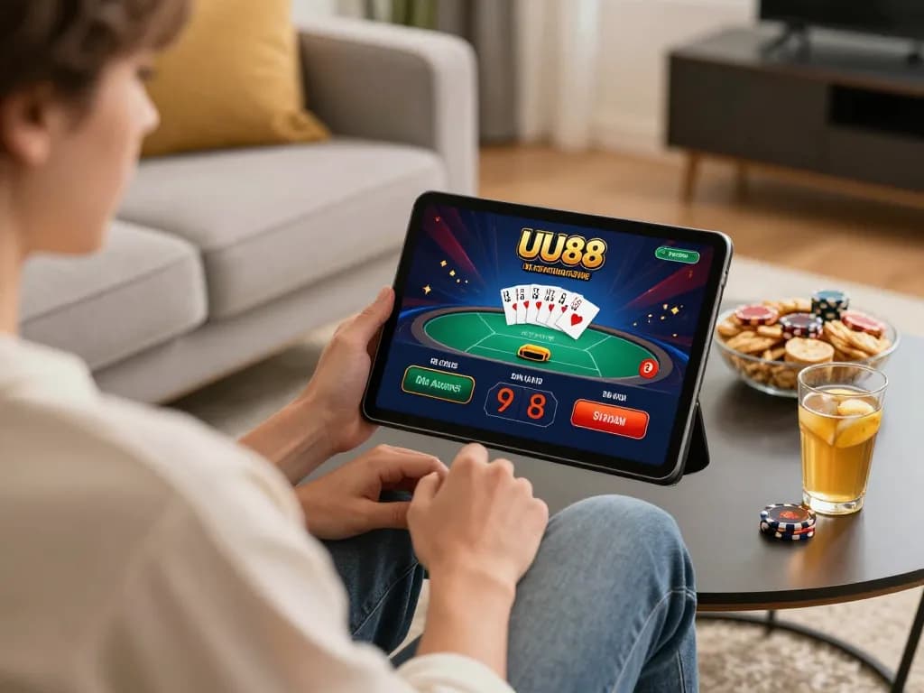 Taking part in an engaging game at trang chủ uu88 online casino on a tablet in a cozy living room setting.