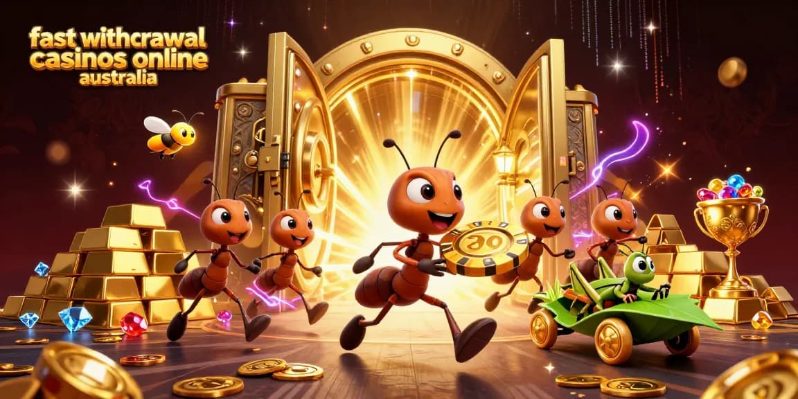 Engage with fast withdrawal casinos online Australia featuring a team of ants navigating a heist with golden chips.