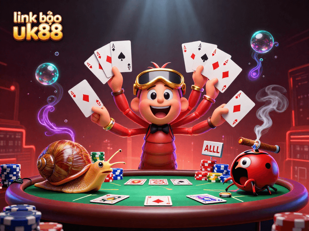 Bet and win at link vào uk88 with a colorful casino scene featuring a cartoon millipede dealer.