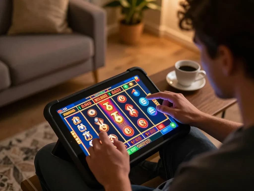 Engaging in exciting online games at LC 88 with vibrant slot graphics and cozy atmosphere.