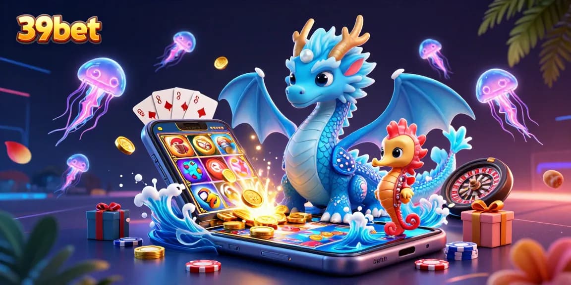 Engage with 39bet's thrilling casino world featuring a dynamic water dragon, knight, and neon jellyfish.