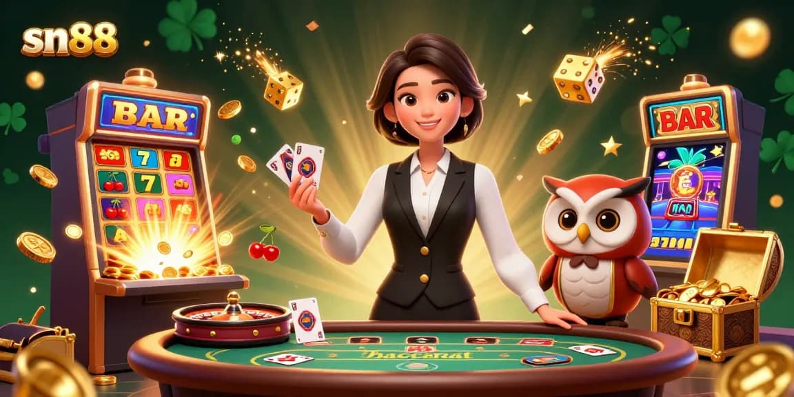 Experience lively online gaming excitement at SN88 with engaging dealers and vibrant casino elements.