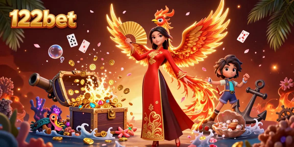 Experimente a emoção da 122bet com elementos dinâmicos de cassino, moedas douradas e personagens vibrantes.