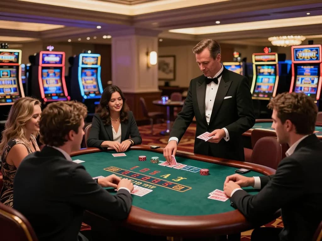 Players engaging with the live dealer at 789BET's elegant blackjack table in a vibrant casino atmosphere.