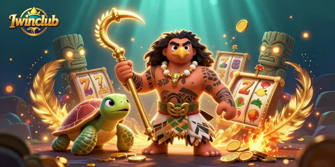 Iwinclub score big with dynamic 3D gaming scene featuring Hawaiian demigod and vibrant slot reels