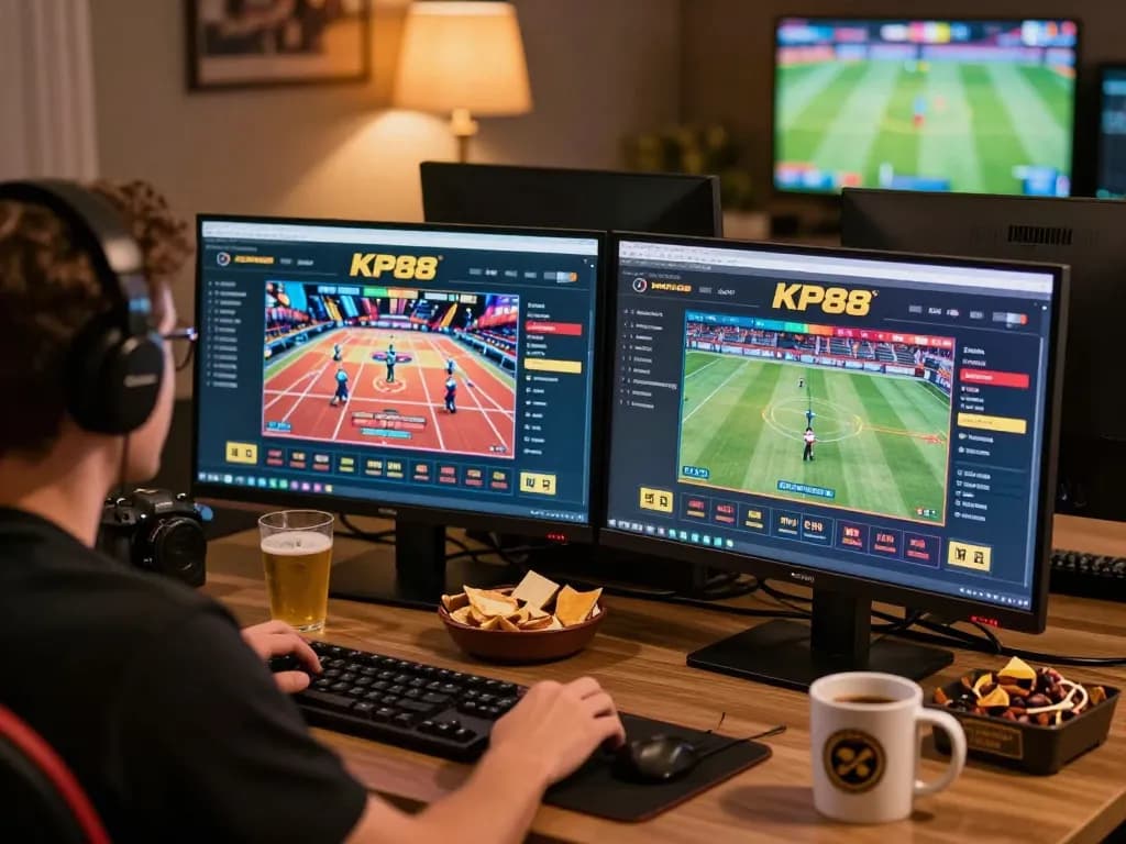 Player engaging with KP88 casino platform on dual screens, showcasing online gaming excitement.