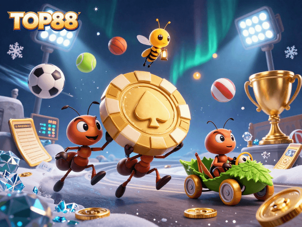 Experience the dynamic world of TOP88 through 3D ants carrying a giant poker chip amidst glowing sports elements.