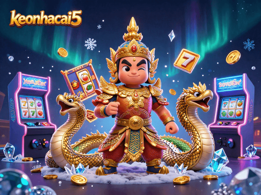Engage with keonhacai5's vibrant slot and arcade elements featuring a yaksha guardian.
