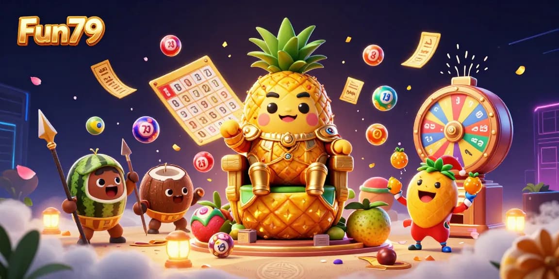 Fun79 invites players to enjoy a richly detailed beach casino scene with vibrant game elements and golden rewards.