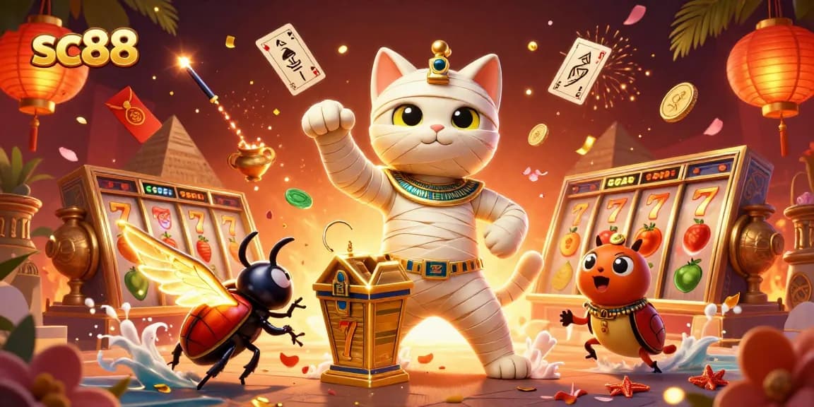 Experience thrilling wins with sc88 in an Egyptian-themed casino scene featuring a mummy cat and vibrant slot elements.