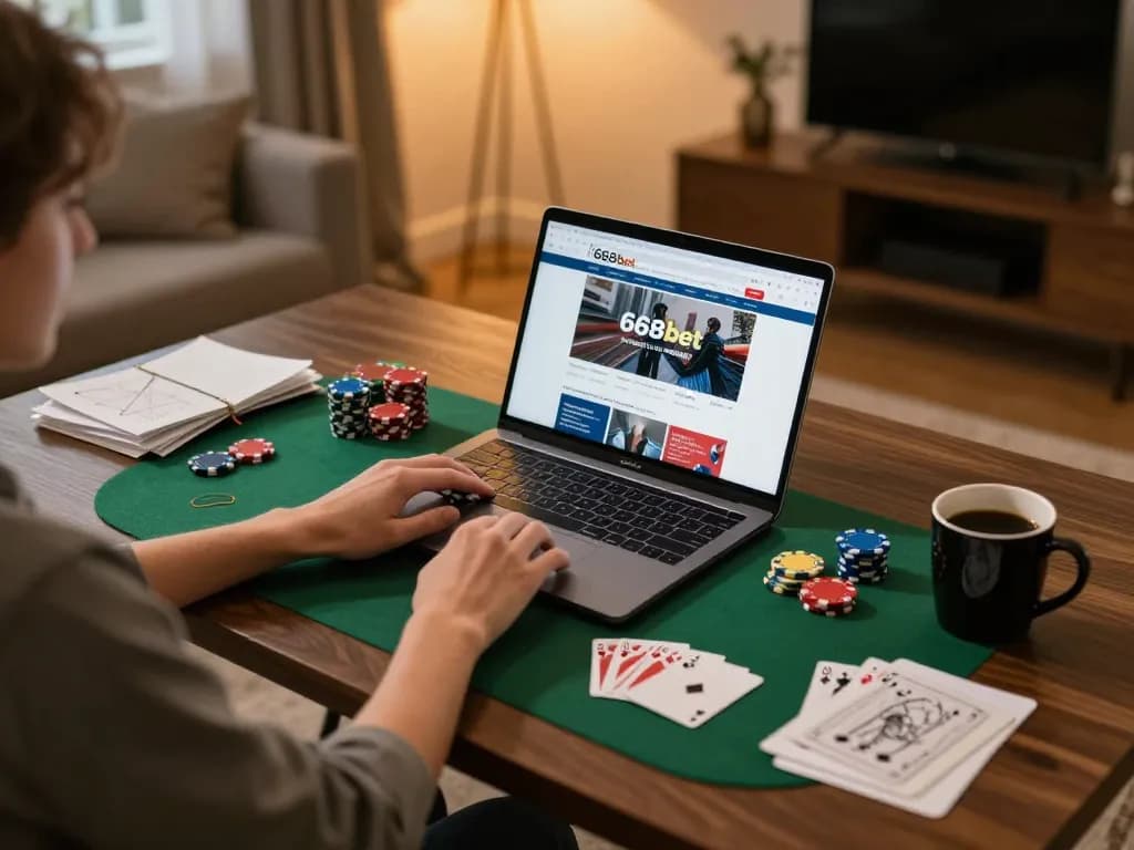 Participando de jogos online no 668bet com fichas de poker e anotações de estratégia em um aconchegante setup em casa