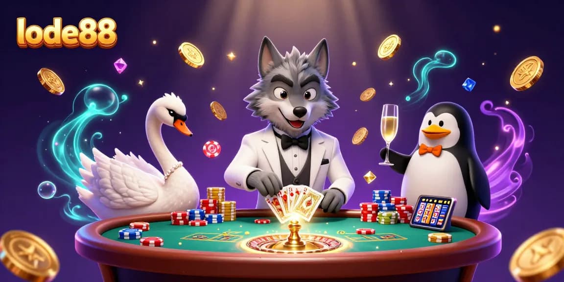 Celebrate wins at lode88 with a lively casino scene featuring colorful characters and games.