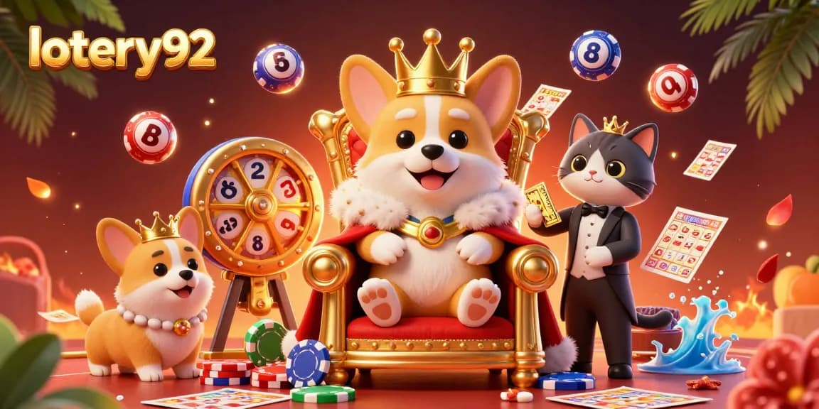 Engage with the vibrant world of lotery92 featuring a royal corgi on a throne of poker chips and lottery elements.