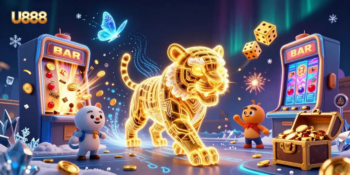 U888 tiger dazzles in a dynamic casino scene, showcasing winning slot jackpots and vibrant gaming elements.