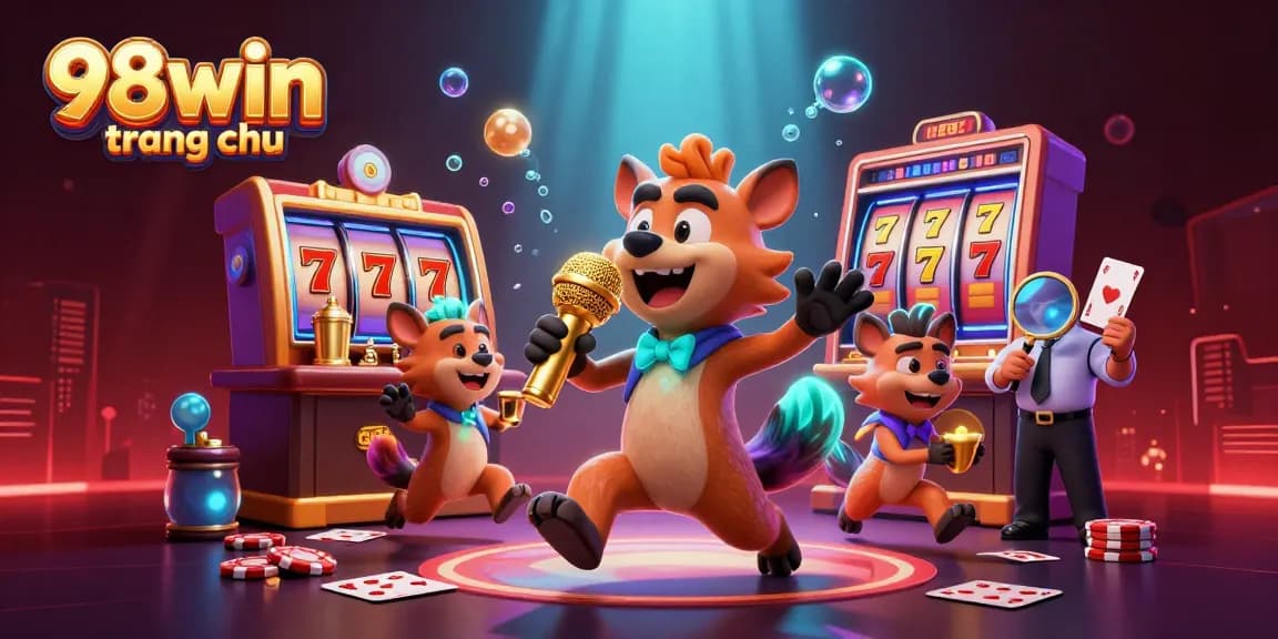 Experience the vibrant 98win trang chu scene at a comedic casino club filled with engaging characters and gaming elements.