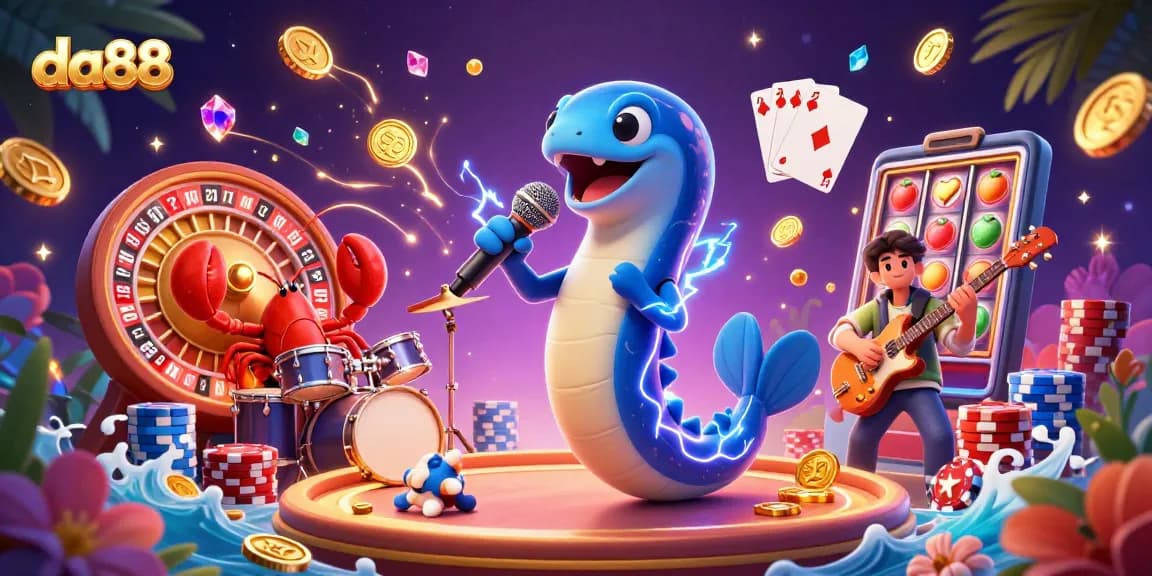 da88 casino illustration featuring a DJ electric eel and vibrant slot elements