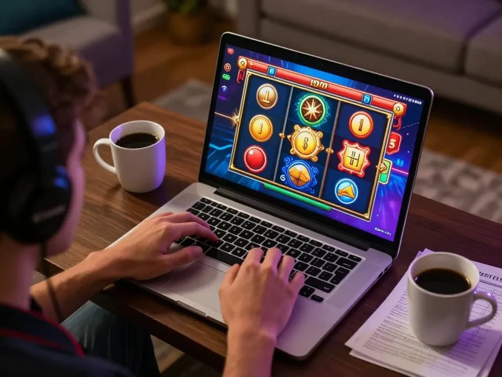 Online player enjoys thrilling slot game on lc88pro, surrounded by strategy notes and coffee.