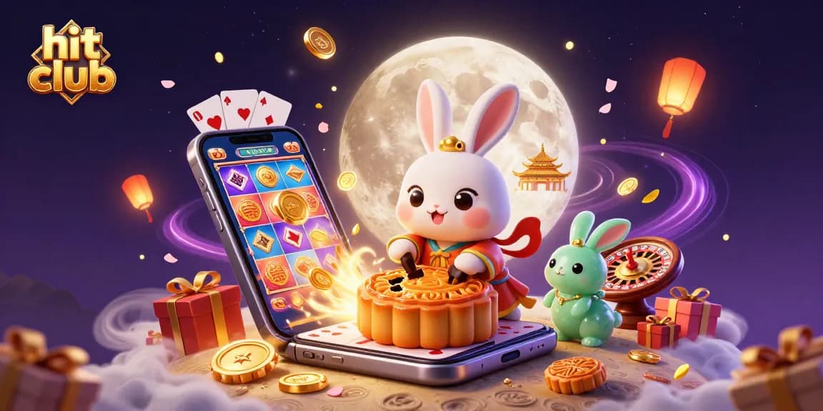 Experience the exciting hit club with rabbit characters enjoying mooncakes and poker chips amidst a colorful slot game scene.