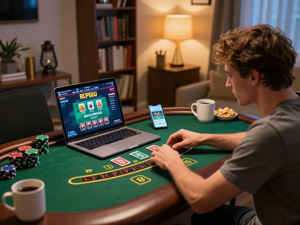 Player enjoying live dealer blackjack on rokok88 while analyzing strategy from home.