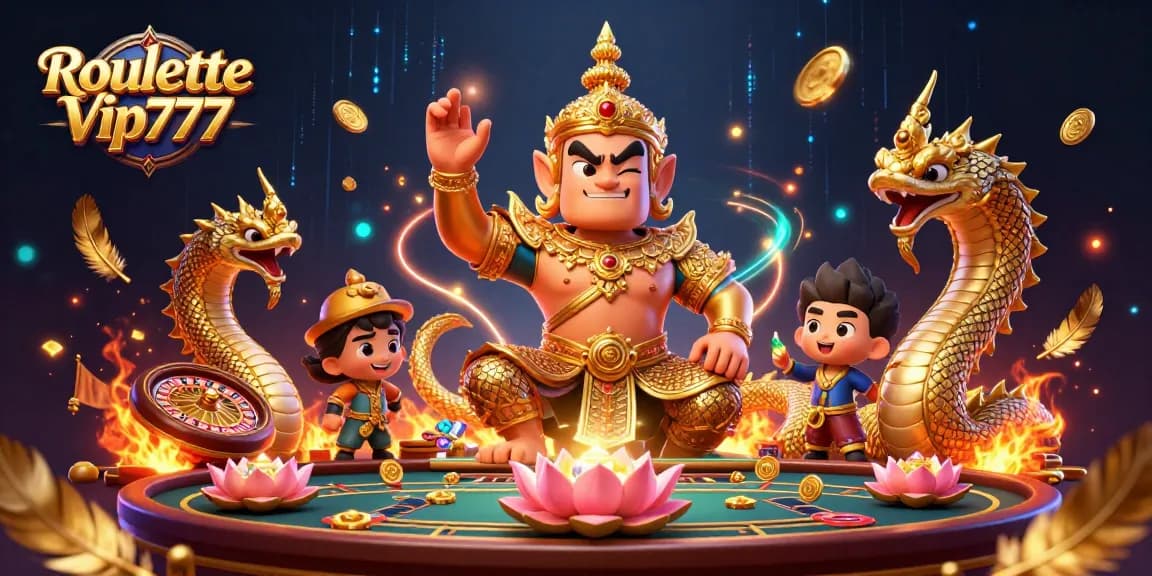 Experience Roulette Vip777 with a vibrant casino scene featuring golden characters, roulette wheel, and gold tokens.