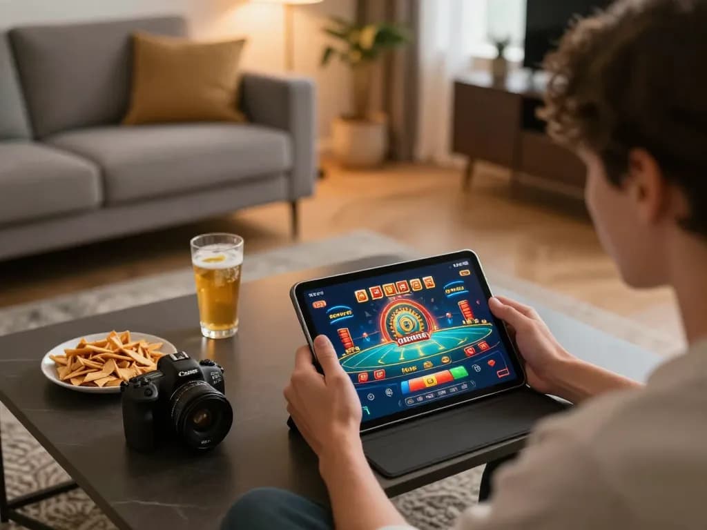 Engaged in online gaming at Jogoluck, a player enjoys tablet casino games in a cozy environment.
