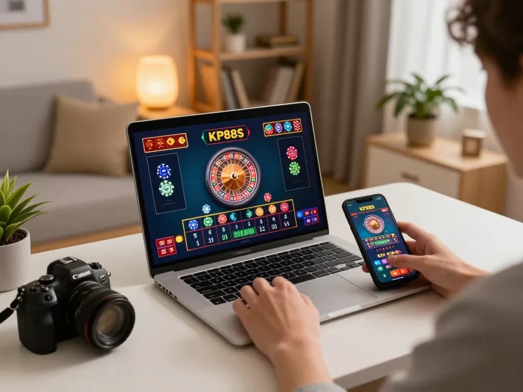 Engaged player enjoying KP88s online casino gaming with laptop and smartphone in cozy setup.