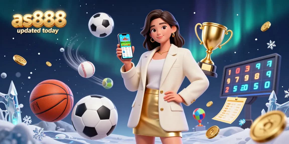 A stunning illustration featuring the as888 updated today branding, with a beautiful woman enjoying sports betting amidst dynamic game elements.