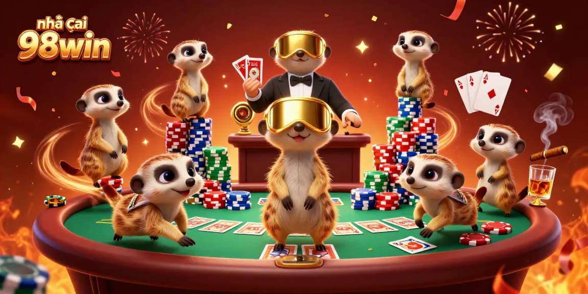 Experience thrilling moments at nhà cái 98win with cartoon meerkats running a vibrant casino scene.