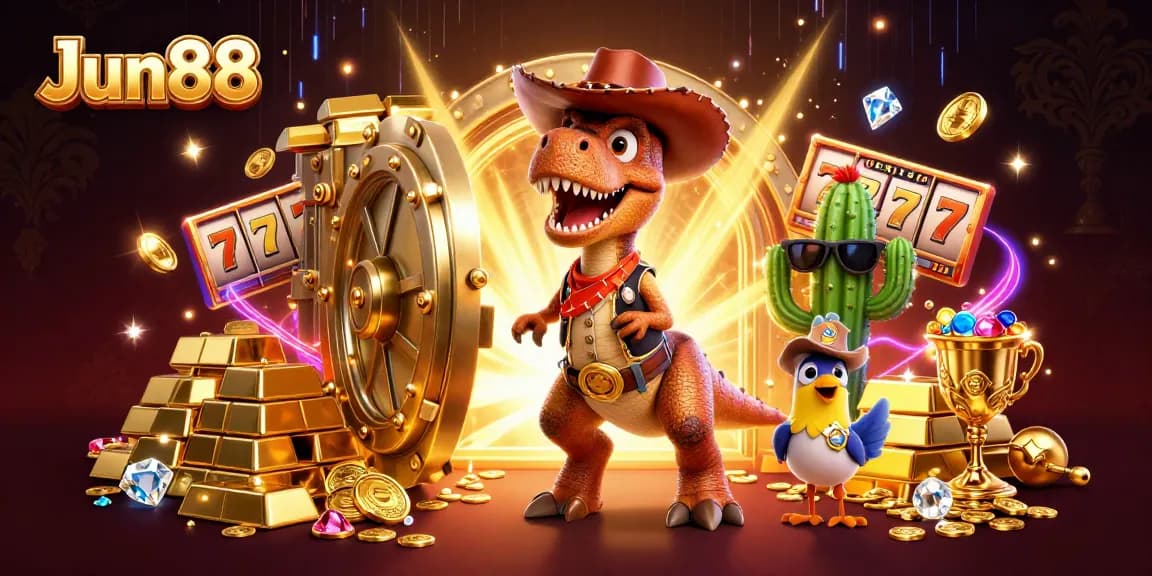 Engage with Jun88's thrilling casino atmosphere featuring vibrant treasures and playful characters.